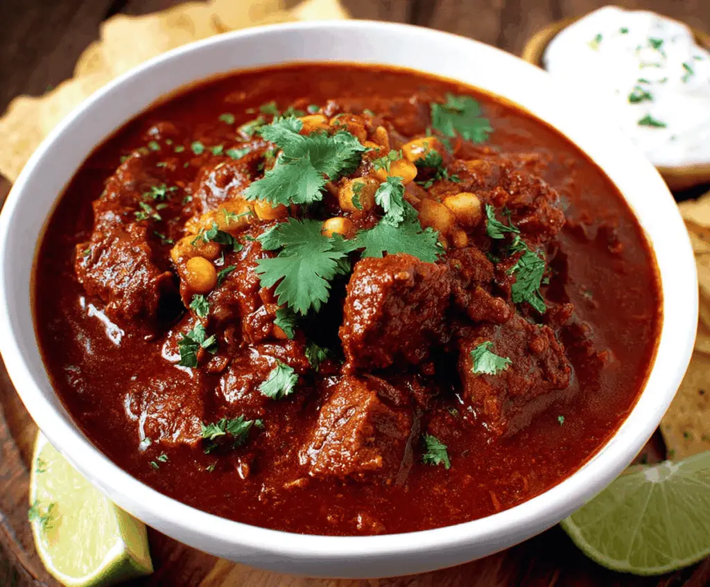 Delicious Easy Chili Colorado Inspired Stew with tender meat, rich red sauce, and colorful vegetables in a bowl