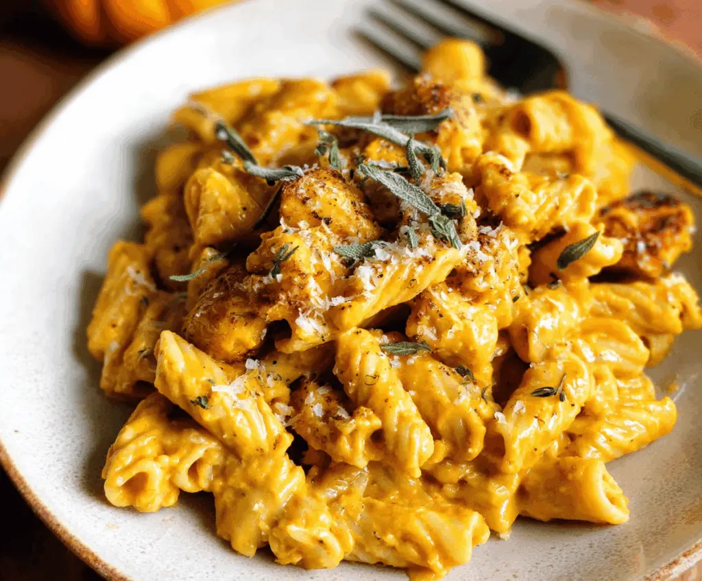 Creamy pumpkin pasta with parmesan cheese and herbs in a bowl, perfect for fall-inspired easy recipe
