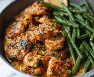 Delicious Garlic Butter Chicken with Fresh Green Beans served on a plate, highlighting a flavorful and savory meal perfect for dinner.