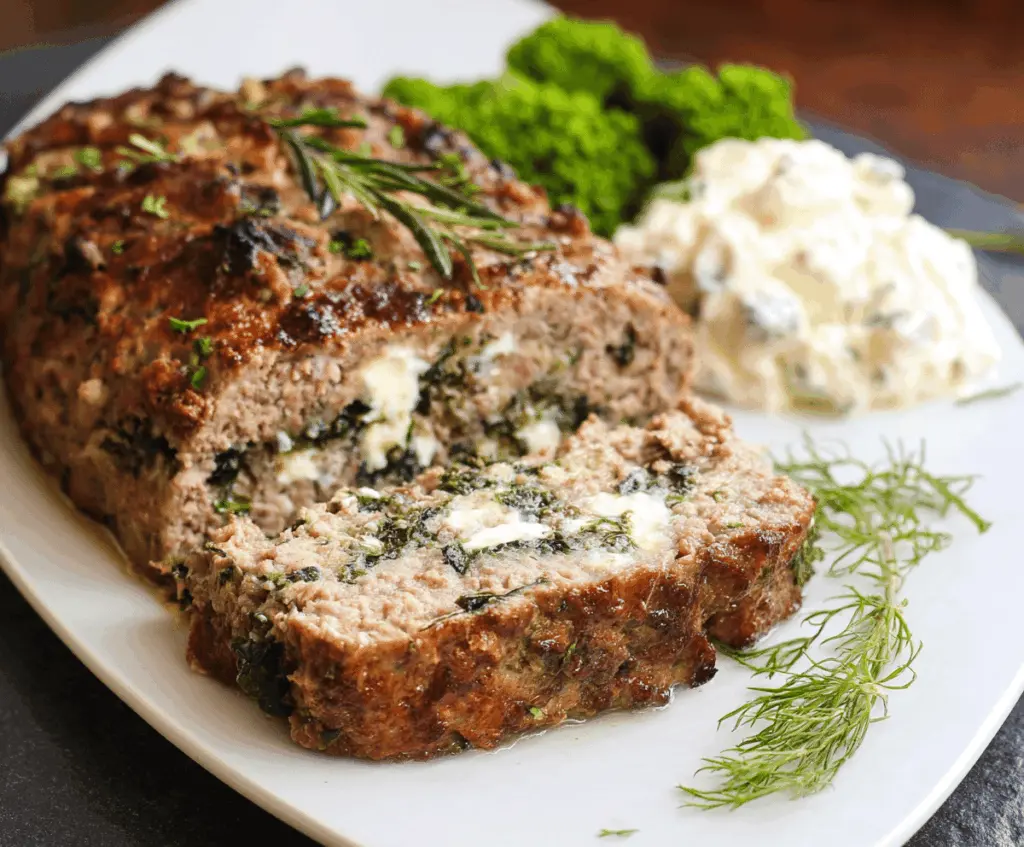 Delicious Greek-Style Keto Meatloaf topped with fresh herbs and lemon slices, served on a white plate, perfect for low-carb Mediterranean-inspired meals.