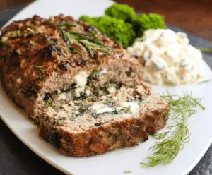 Delicious Greek-Style Keto Meatloaf topped with fresh herbs and lemon slices, served on a white plate, perfect for low-carb Mediterranean-inspired meals.