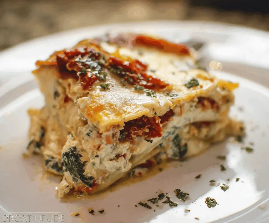 Delicious homemade sun-dried tomato lasagna with layers of pasta, rich tomato sauce, melted cheese, and fresh herbs on a serving plate