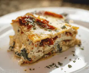 Delicious homemade sun-dried tomato lasagna with layers of pasta, rich tomato sauce, melted cheese, and fresh herbs on a serving plate
