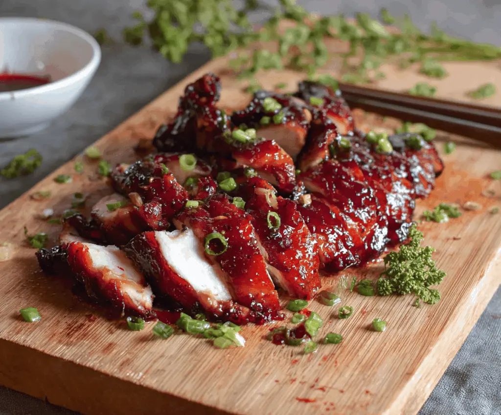 Delicious homemade Char Siu Chicken recipe featuring tender marinated chicken with glossy red glaze, perfect for quick Asian-inspired meals, 10-minute prep