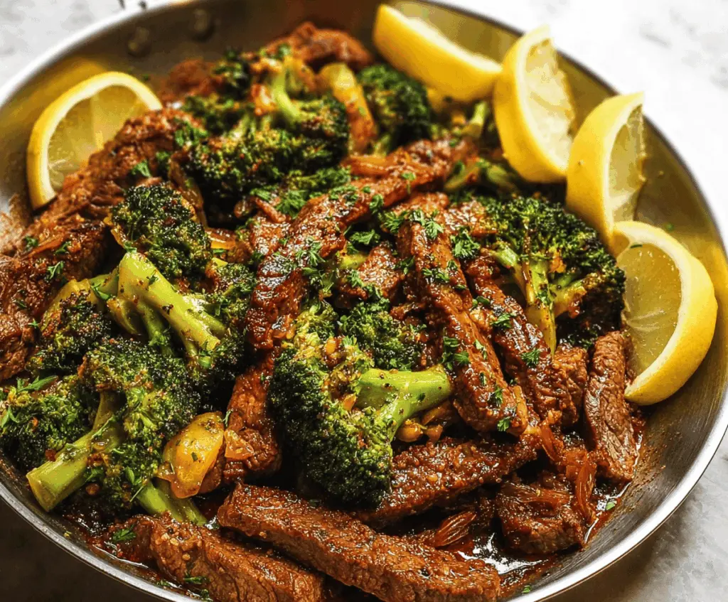 Juicy lemon garlic steak sizzling in a skillet with vibrant broccoli florets, perfect for a flavorful and healthy meal.