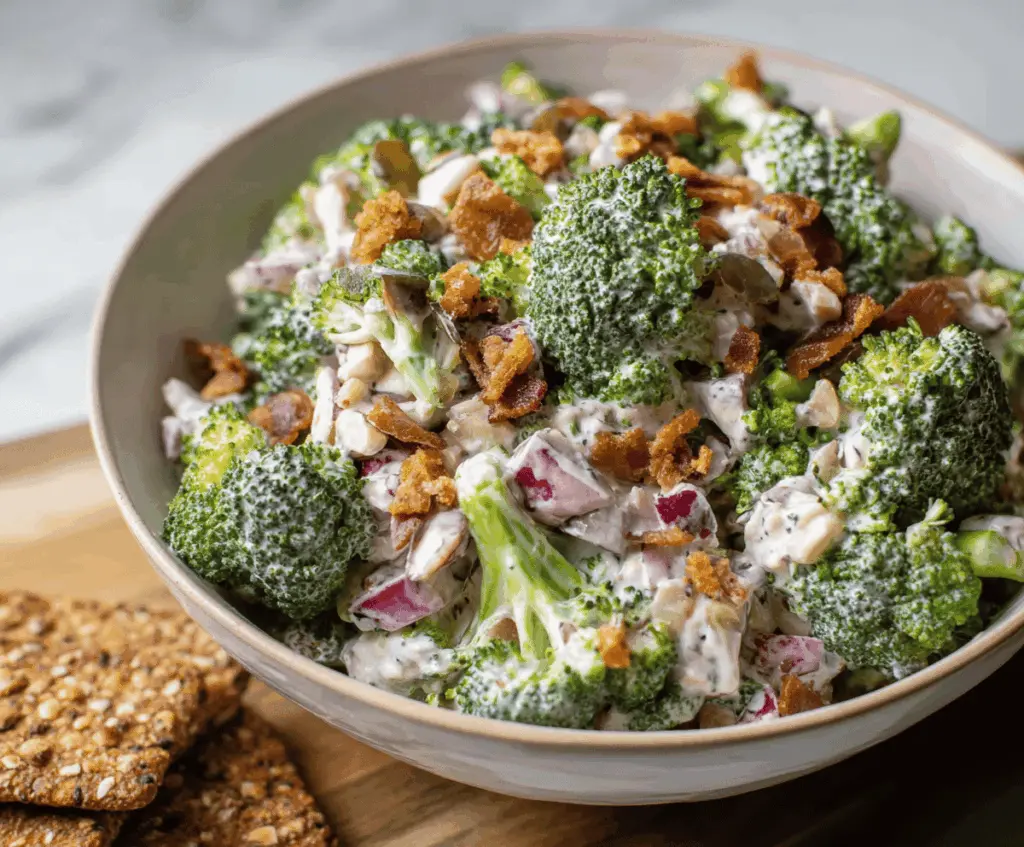 Fresh low-carb broccoli salad with chopped broccoli, cherry tomatoes, red onion, and a light vinaigrette dressing on a white plate.