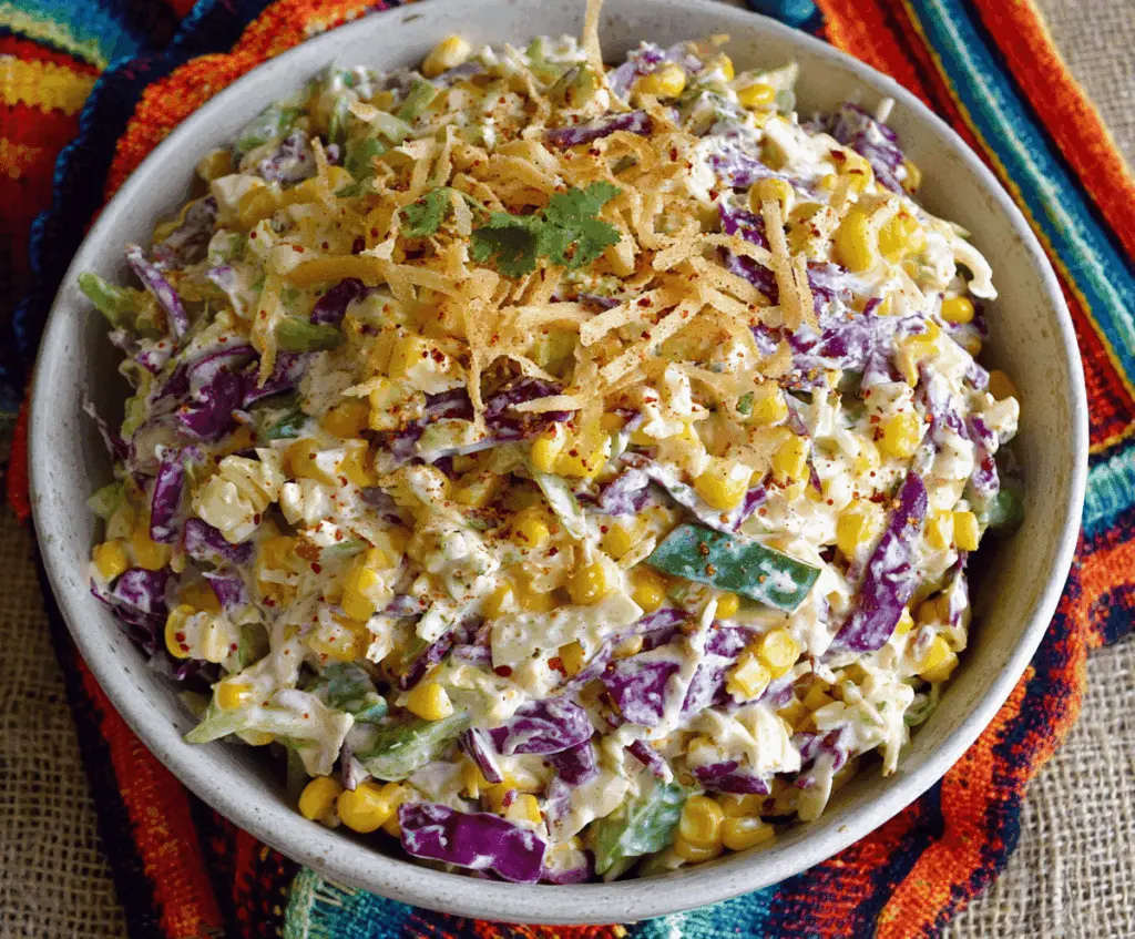 Creamy Mexican Corn Coleslaw with fresh shredded cabbage, sweet corn, cilantro, and spicy dressing, perfect for a flavorful side dish