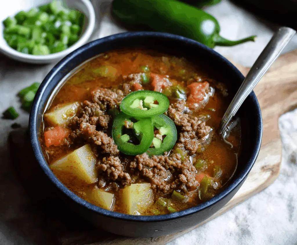 Delicious Mexican ground beef stew with jalapeños in a bowl, garnished with fresh herbs, served with tortillas and lime wedges.