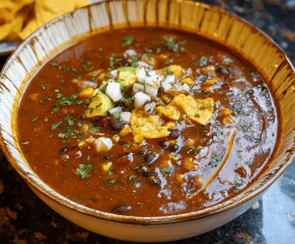 A steaming bowl of Mexican-style black bean soup garnished with chopped cilantro, lime wedges, and a dollop of sour cream, served with crispy tortilla chips on the side.