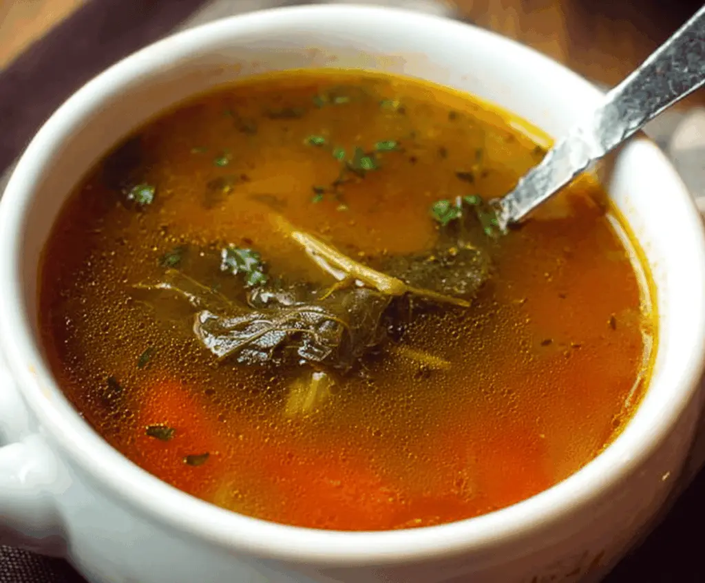 Bowl of Negative Calorie Soup, also known as Ballerina Soup, featuring fresh vegetables and herbs for a healthy, low-calorie meal