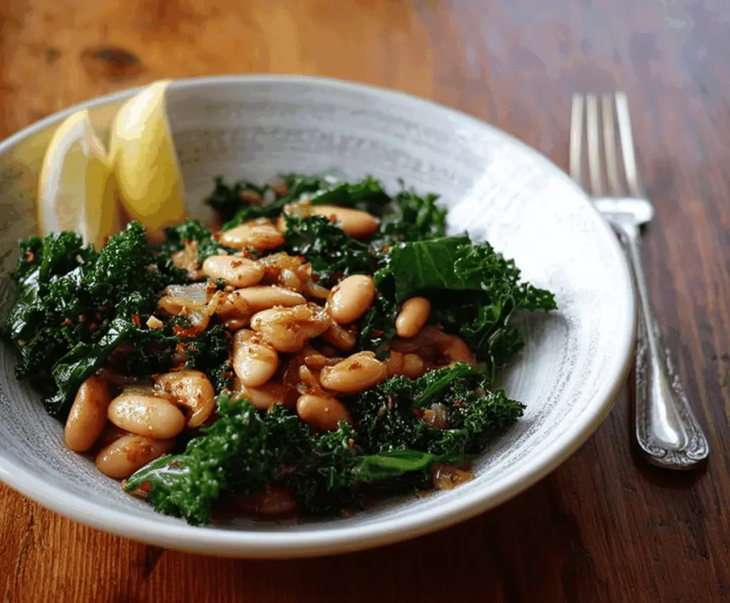 Delicious pan-fried beans with fresh kale, garnished with herbs on a rustic plate, perfect for a healthy vegetarian meal