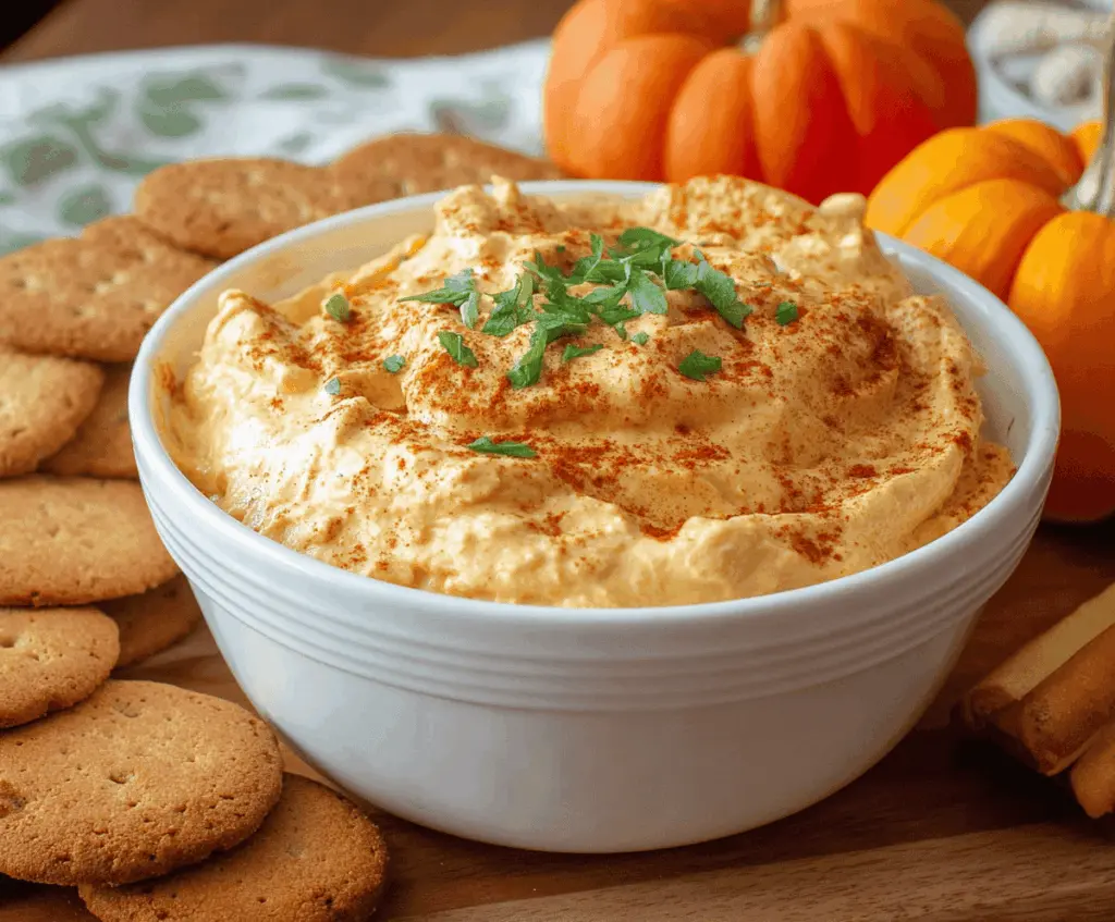 Creamy pumpkin cream cheese dip garnished with cinnamon and served with crackers for a delicious fall appetizer.