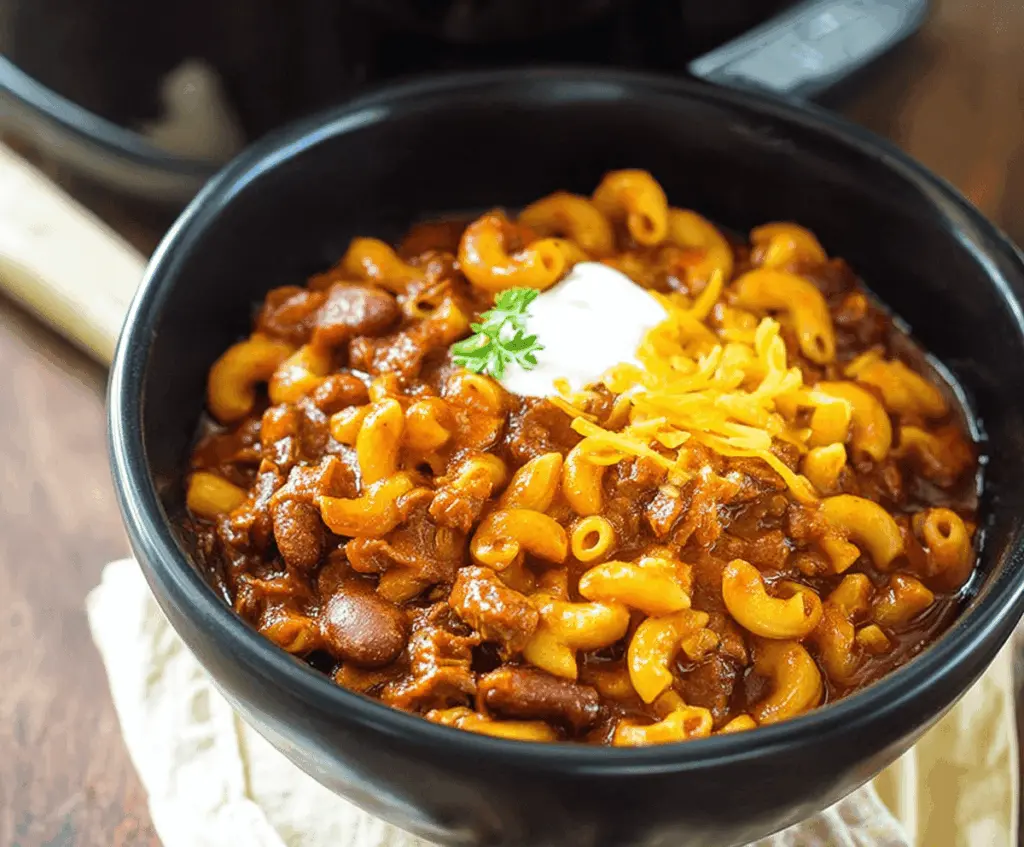 Delicious slow cooker hidden liver chili mac served in a bowl with melted cheese on top.
