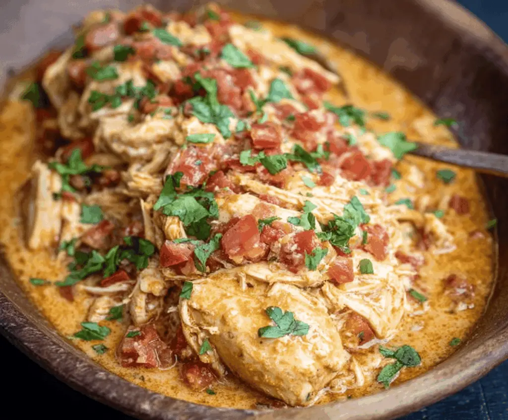 Creamy Slow Cooker Queso Chicken served with melted cheese, tender chicken, and fresh toppings in a bowl.