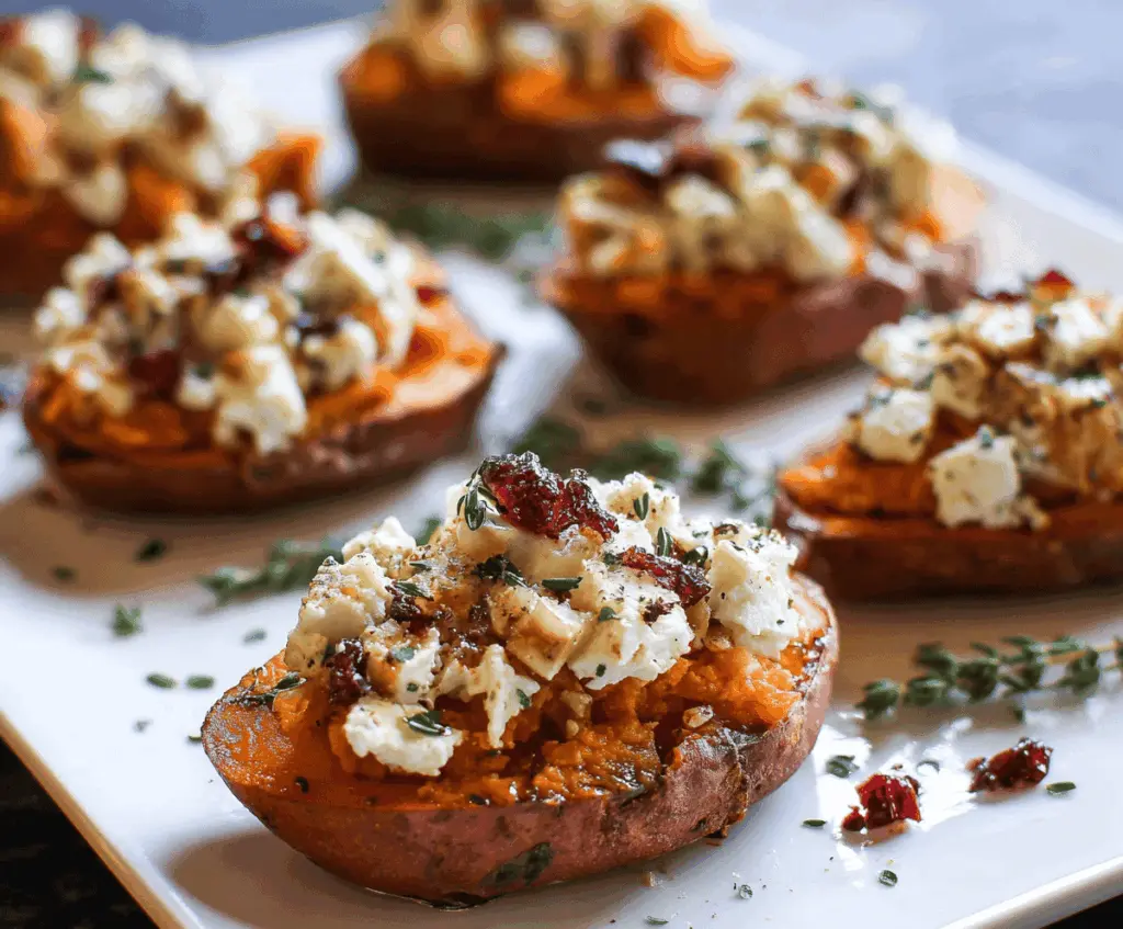 Creamy roasted sweet potato topped with crumbled goat cheese, garnished with fresh herbs, served as a delicious appetizer or side dish.