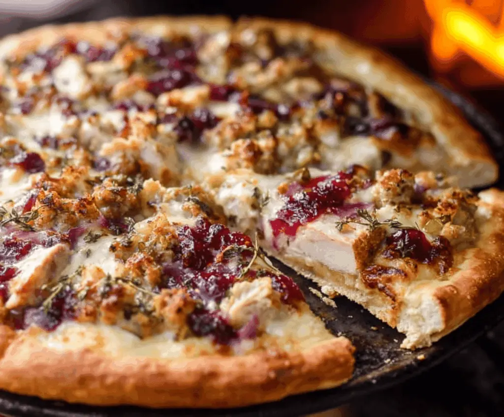 Delicious homemade Thanksgiving pizza topped with turkey, stuffing, cranberry sauce, and cheese on a golden crust, perfect for holiday celebration.