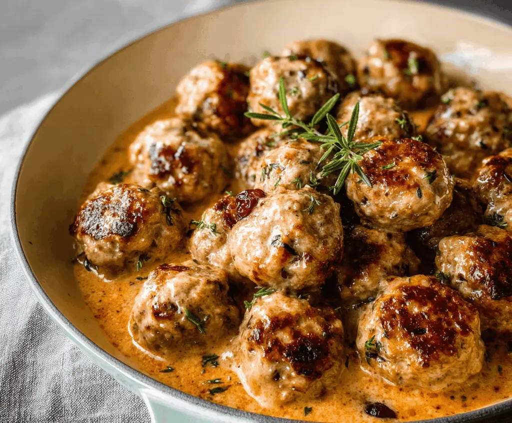 Juicy homemade Thanksgiving turkey meatballs garnished with fresh herbs on a festive plate, perfect for holiday dinner