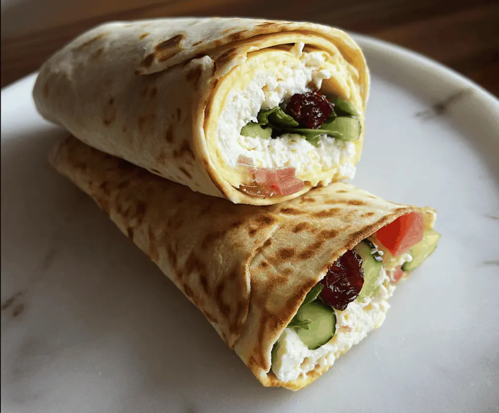 Creamy cottage cheese wraps with fresh herbs and vegetables, a quick and healthy two-ingredient snack or meal option.