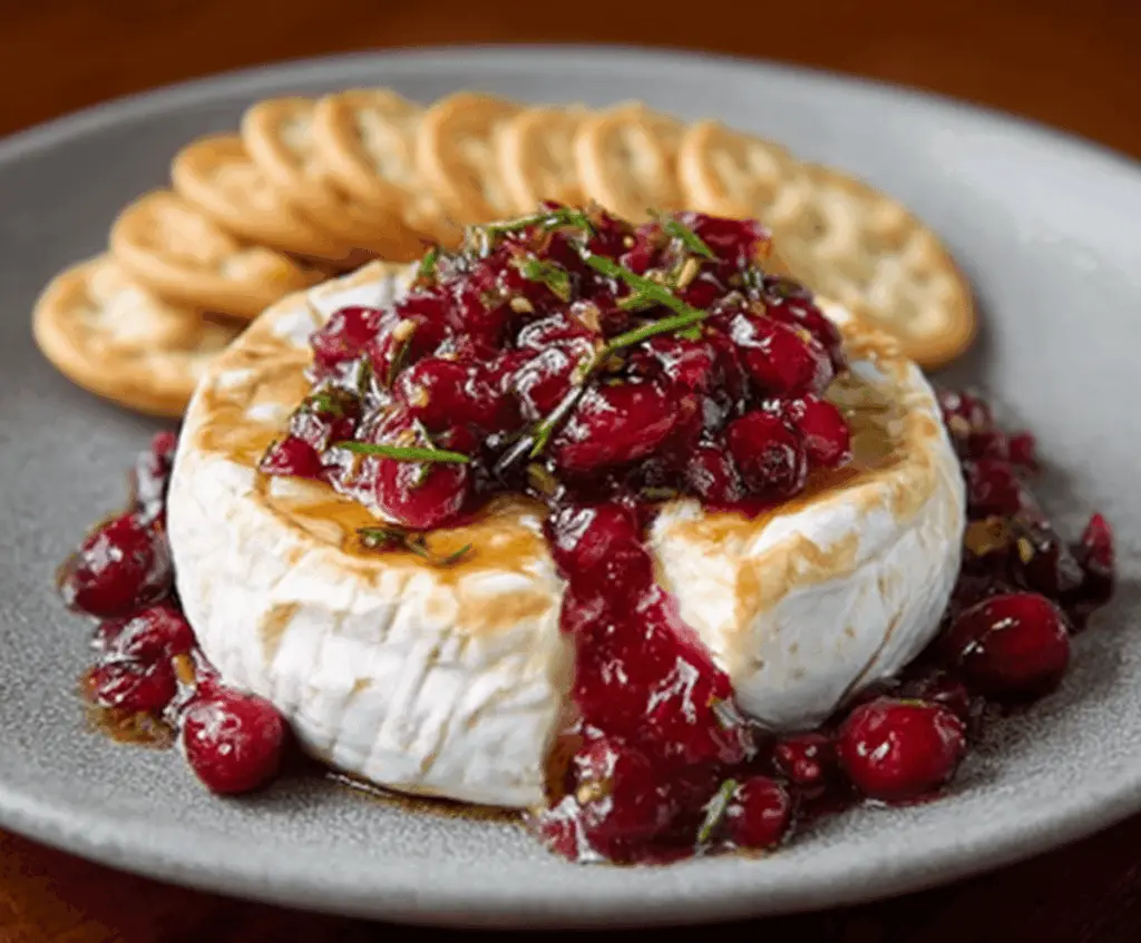 Delicious baked Brie cheese topped with fresh cranberries and herbs, perfect for holidays.