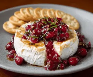 Delicious baked Brie cheese topped with fresh cranberries and herbs, perfect for holidays.