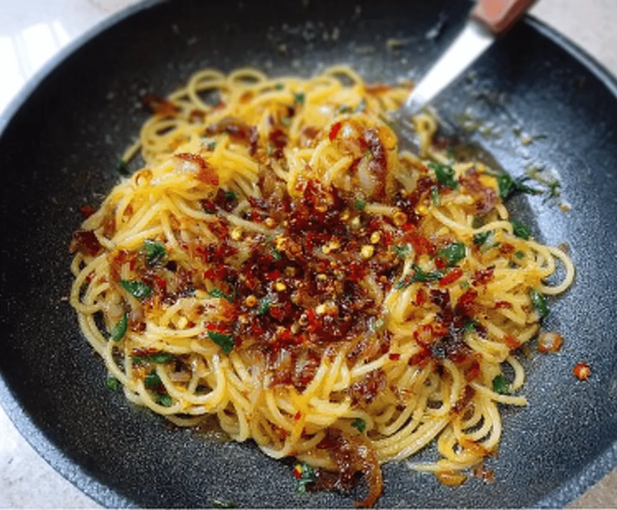 Caramelized Onion Pasta with Chilli Oil