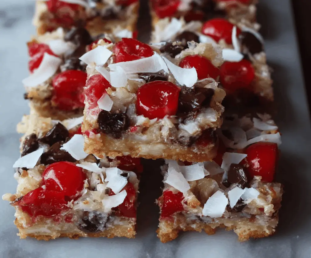Delicious Cherry Magic Cookie Bars with cherry topping and cookie crust for flavorful dessert