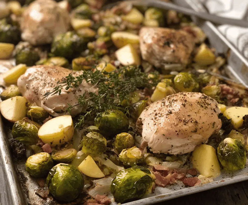 Baked chicken, apple slices, and Brussels sprouts on a sheet pan for a healthy dinner
