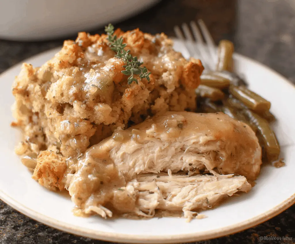 Delicious Crock Pot Chicken topped with savory stuffing, perfect for a comforting meal.