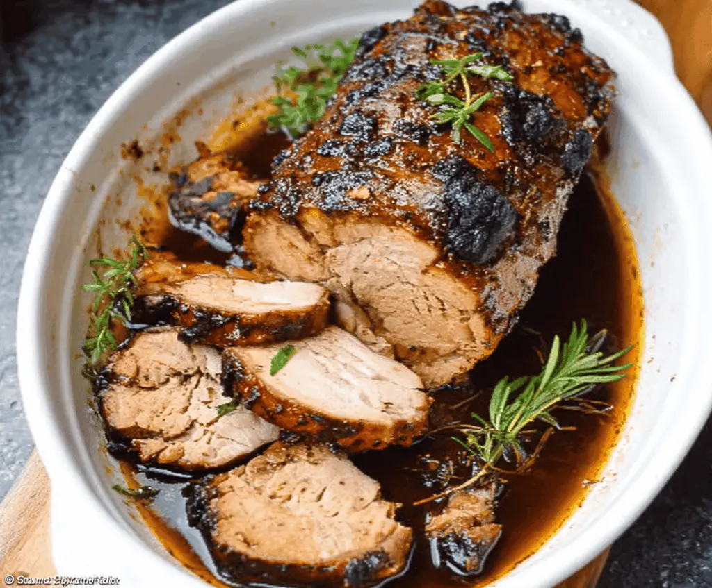 Delicious Crock Pot Garlic Balsamic Pork Loin served with fresh vegetables and herbs