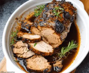 Delicious Crock Pot Garlic Balsamic Pork Loin served with fresh vegetables and herbs