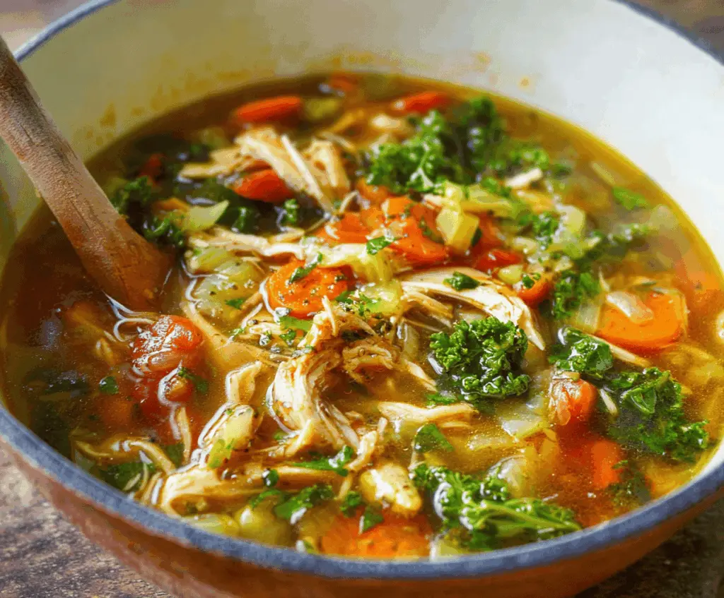 Healthy detox chicken soup with fresh vegetables and herbs, easy recipe for cleansing meals.