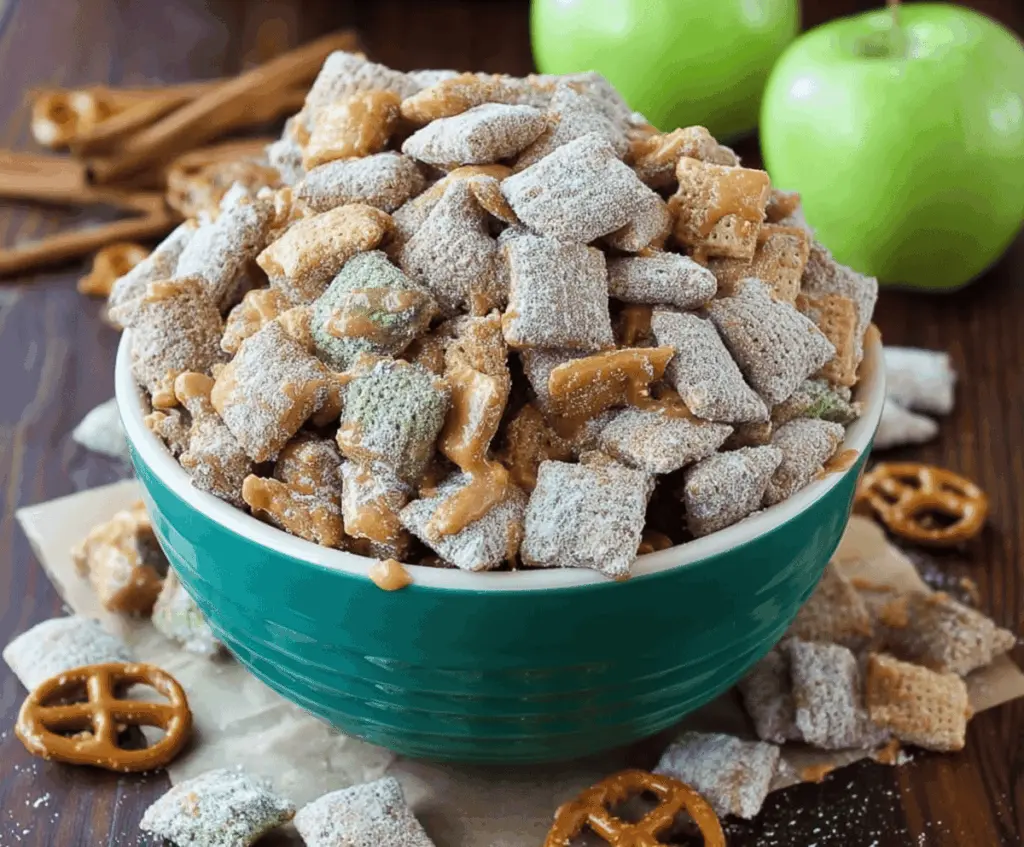 Delicious homemade caramel apple puppy chow with crunchy cereal and sweet caramel topping.