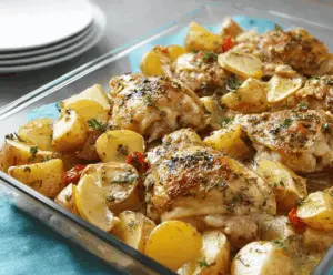 Delicious Greek Lemon Chicken with Roasted Potatoes on a serving platter