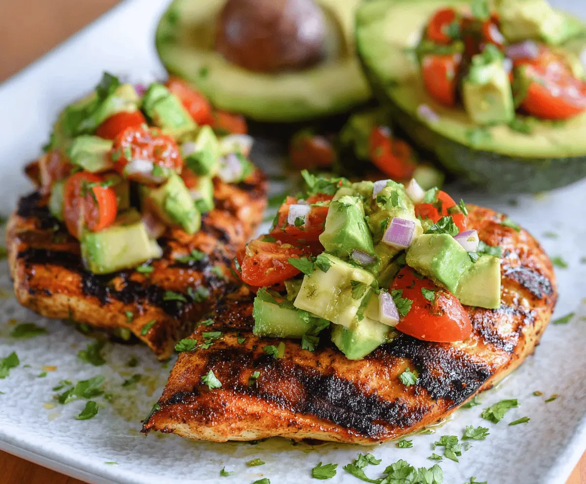 Delicious grilled avocado chicken served on a platter, featuring fresh herbs and a charred finish.