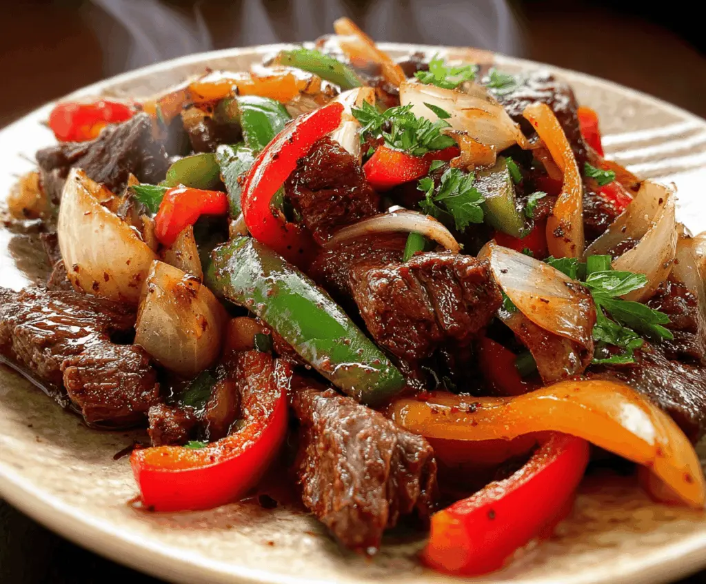 Delicious pepper steak with colorful bell peppers and onions served on a plate.
