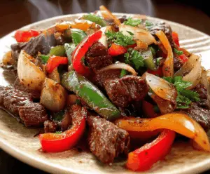 Delicious pepper steak with colorful bell peppers and onions served on a plate.