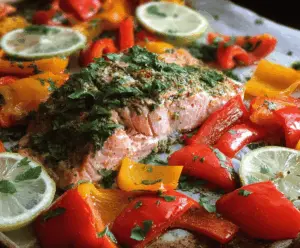 Sheet pan salmon with colorful bell peppers and herbs for a healthy dinner