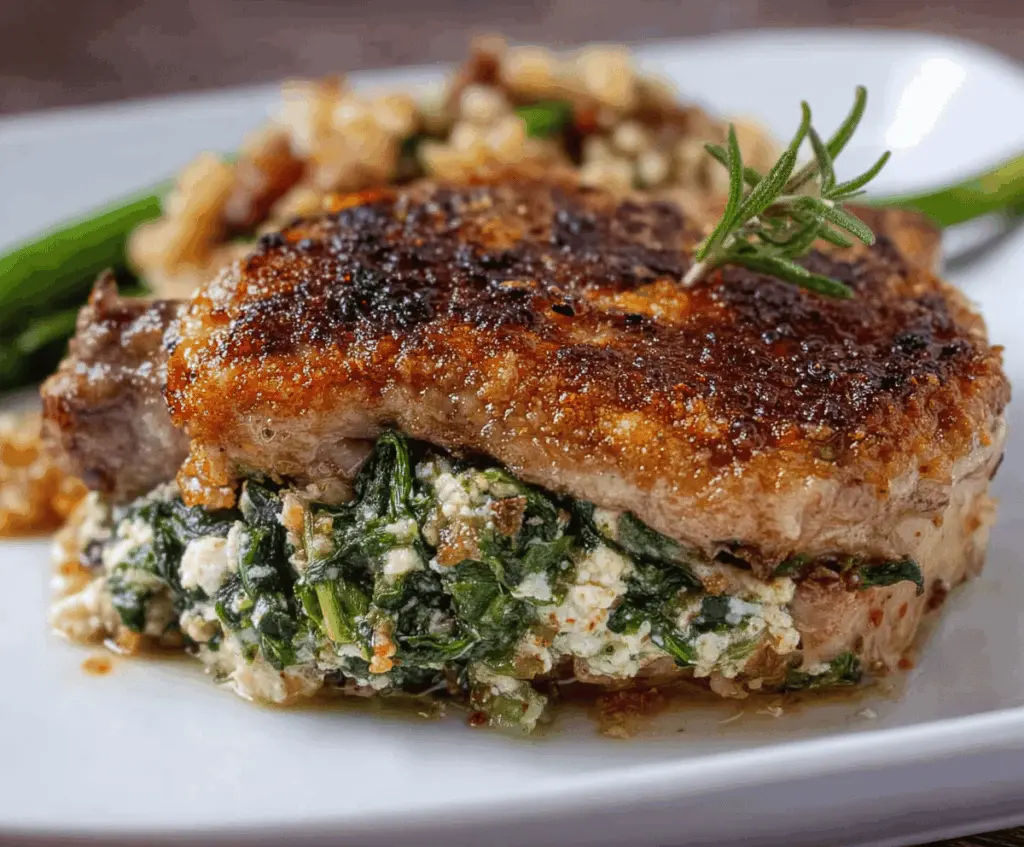 Juicy pork chops stuffed with fresh spinach and melted cheese on a rustic wooden table.