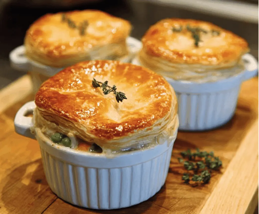 Golden turkey pot pie topped with flaky puff pastry and served hot.