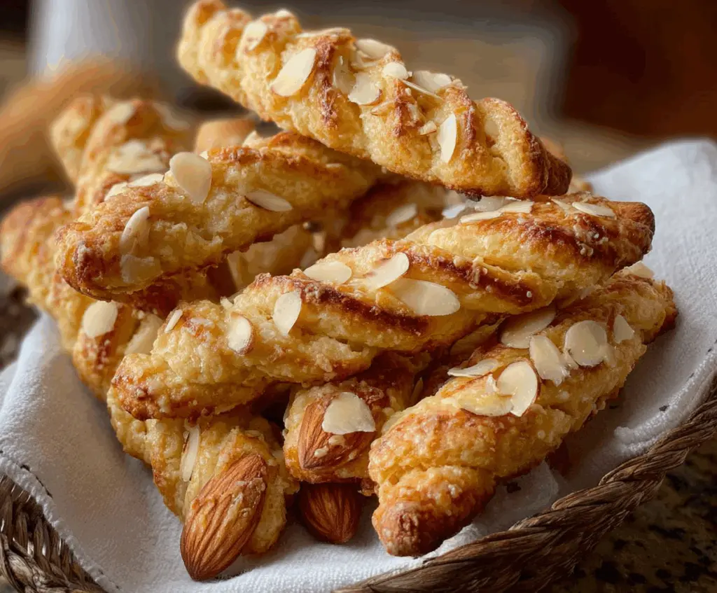 Delicious almond-orange ricotta biscuit twists on a plate, showcasing golden-brown, twisted pastries garnished with almond slices.