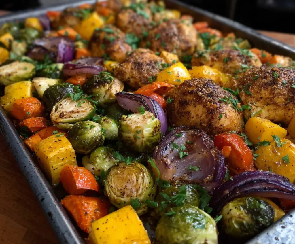 Colorful Autumn Rainbow Sheet Pan Dinner with roasted vegetables and hearty protein.