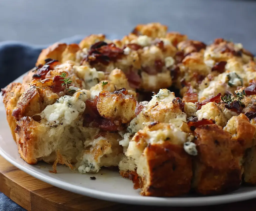 Delicious Bacon Gorgonzola Pull Aparts showing cheesy, savory bread with crispy bacon bits and melted gorgonzola cheese.
