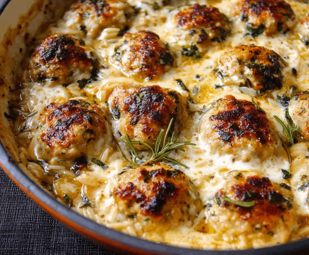 Delicious baked lemon rosemary chicken meatballs served with creamy orzo pasta on a white plate.