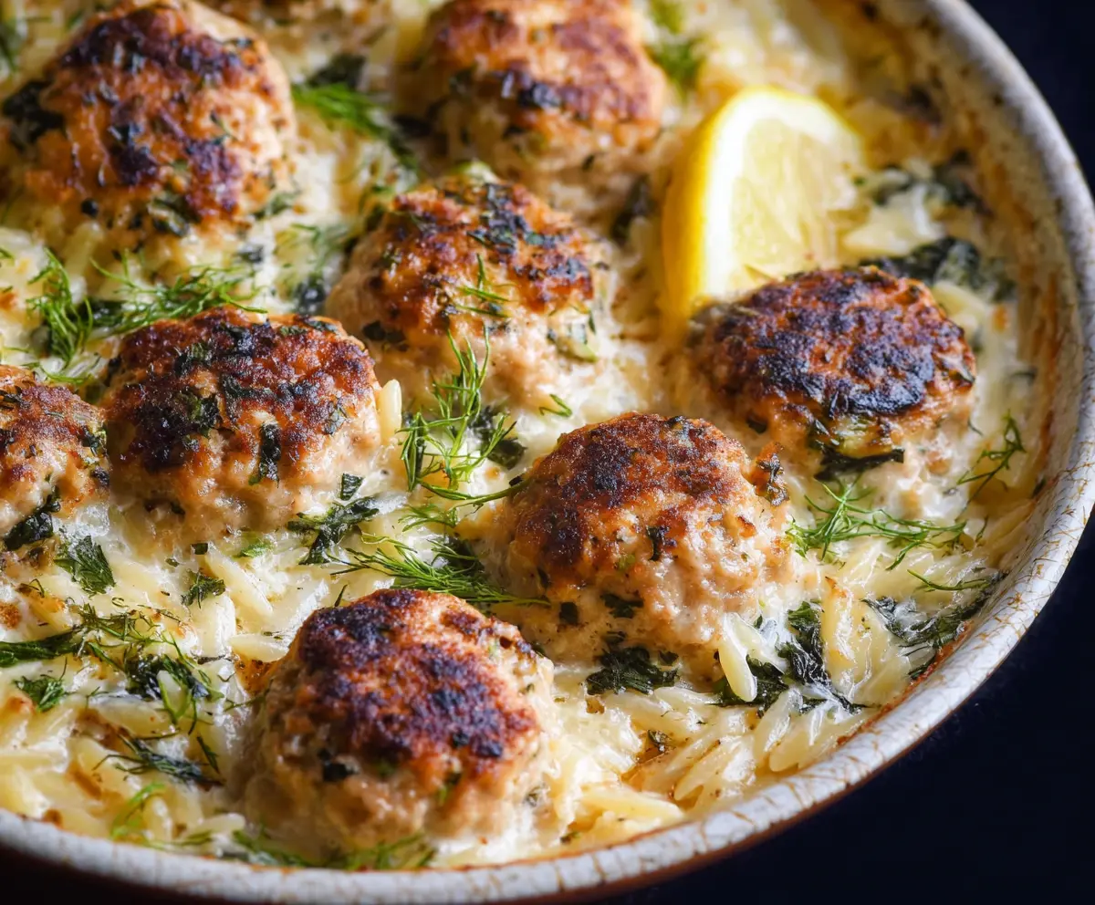 Baked Lemon Rosemary Chicken Meatballs and Creamy Orzo