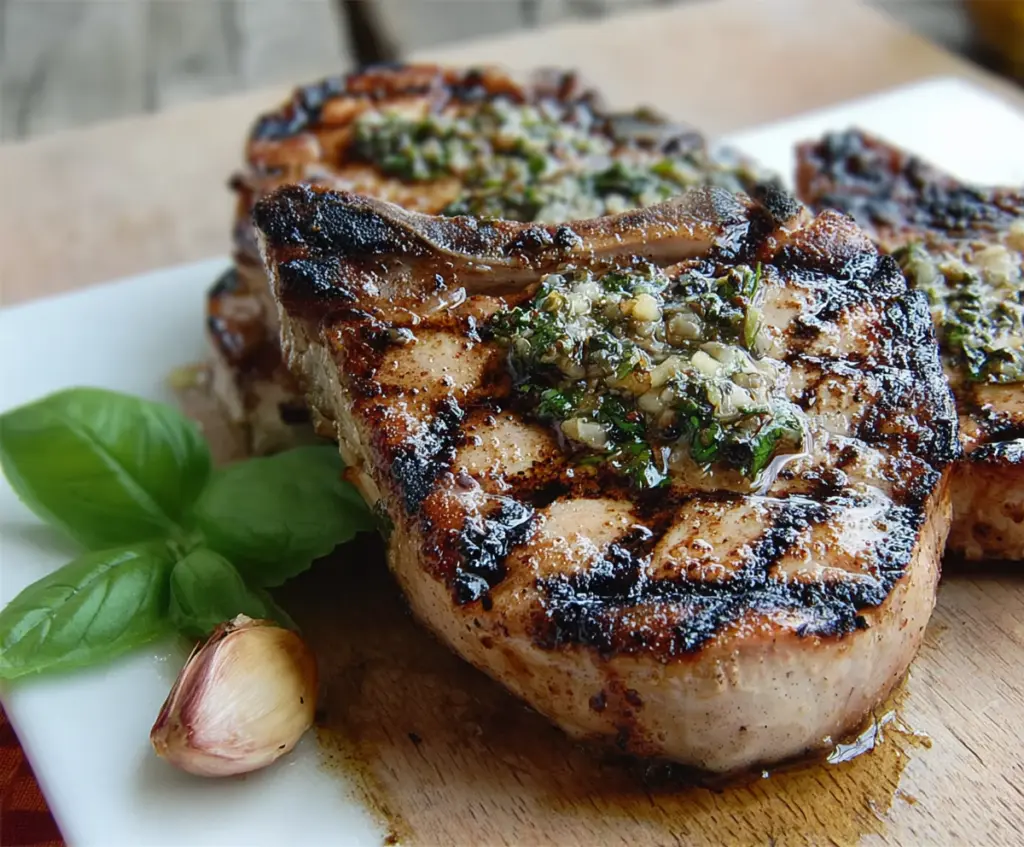 Juicy basil-garlic grilled pork chops served with fresh herbs and lemon wedges