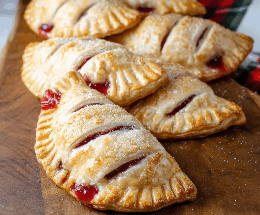 Homemade cherry hand pies with flaky crust and sweet cherry filling on a rustic wooden surface.