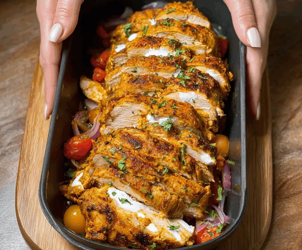 Delicious Chicken Shawarma baked in a loaf pan with spices and herbs for a flavorful meal.