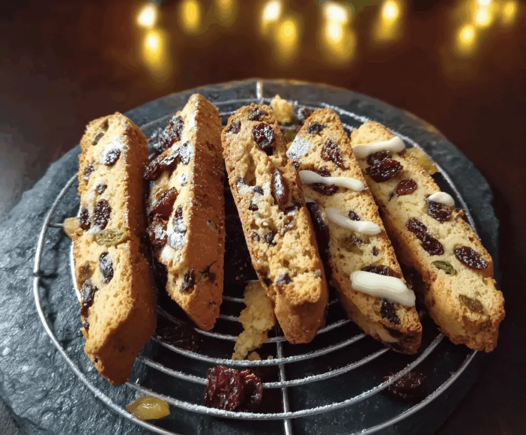 Golden Christmas Biscotti with colorful sprinkles and festive decorations on a holiday plate
