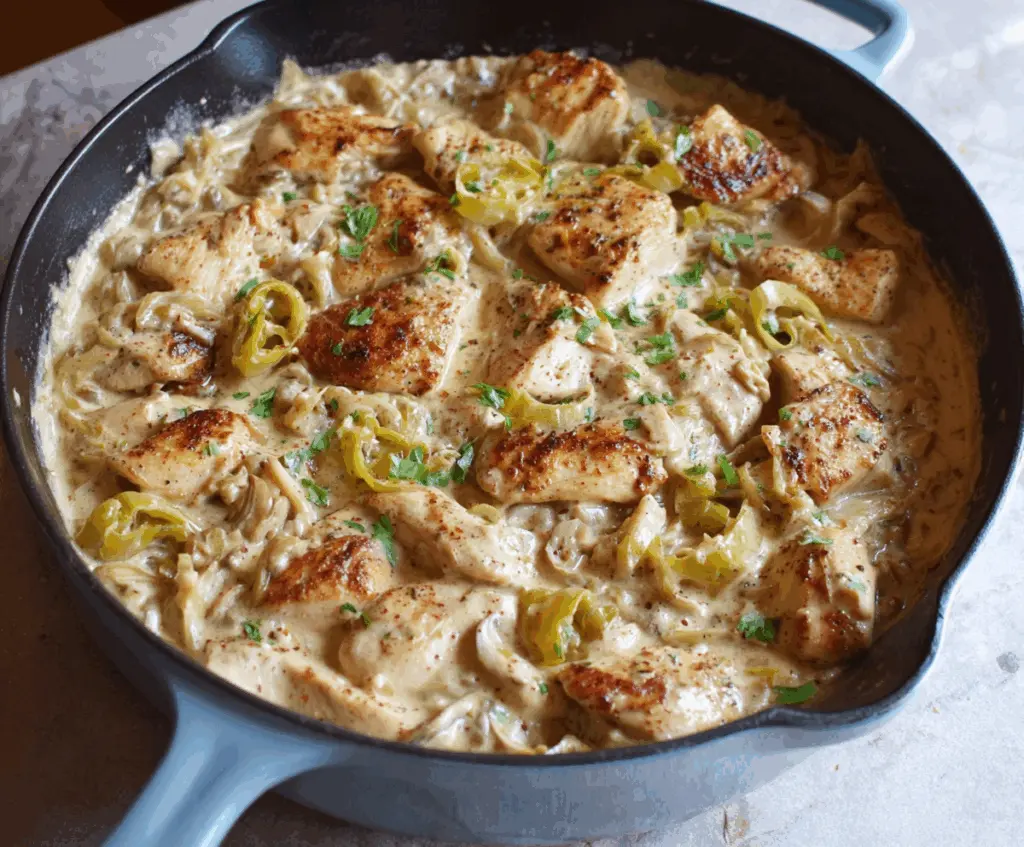Creamy pepperoncini chicken skillet dish with tender chicken coated in a flavorful pepperoncini sauce.