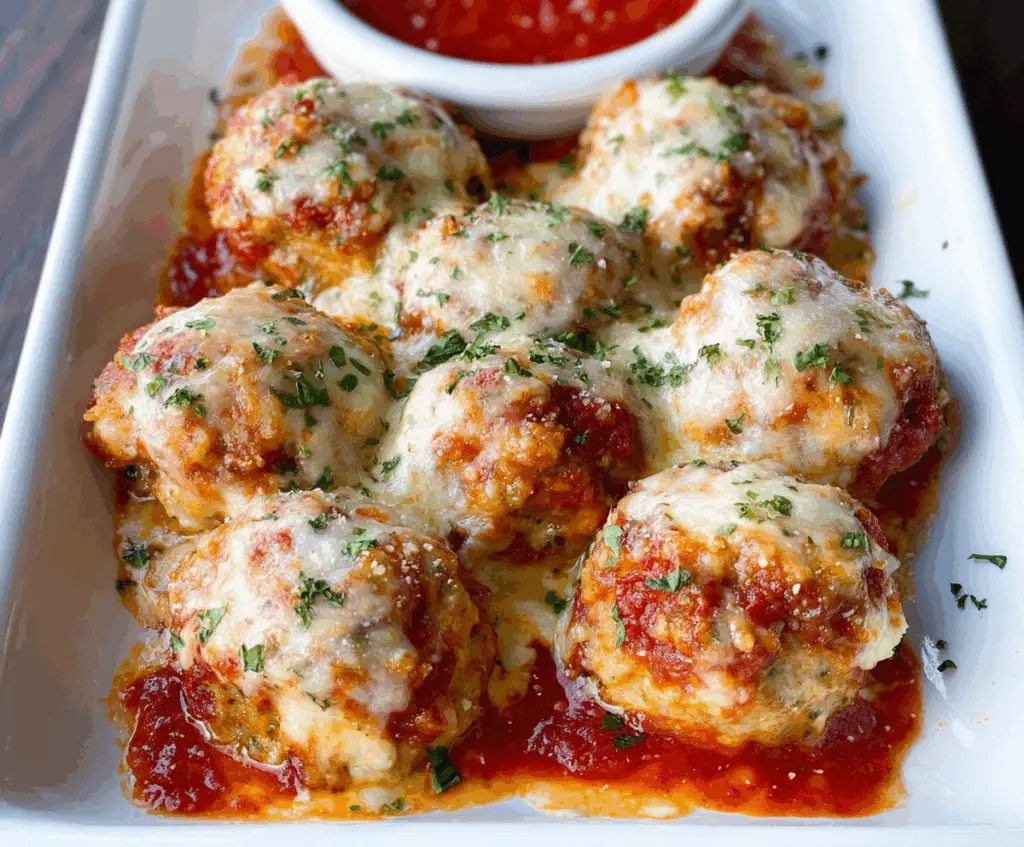 Delicious baked chicken Parmesan meatballs served on a plate with melted cheese and marinara sauce